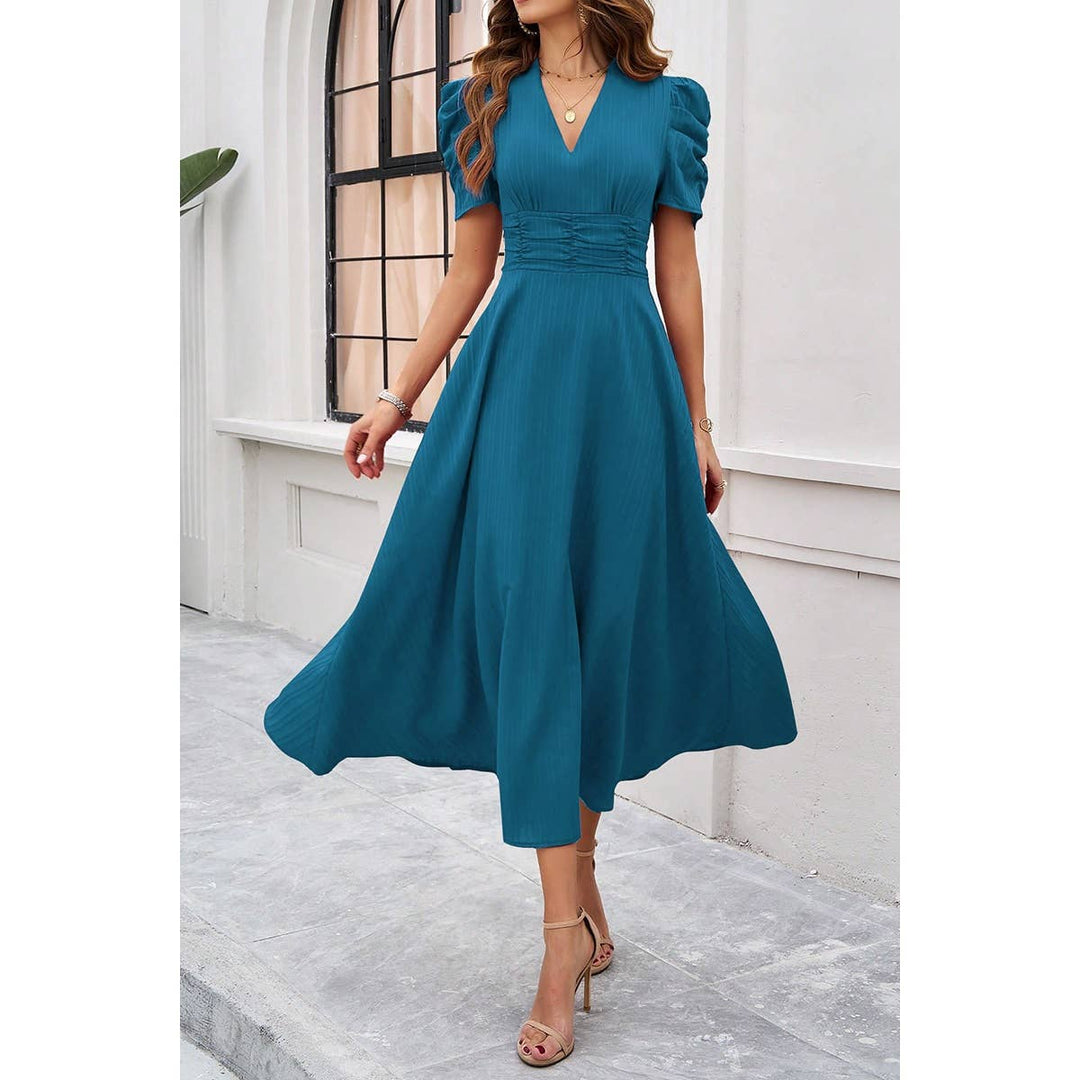 V Neck Solid Puff Sleeves Fit Full Dress