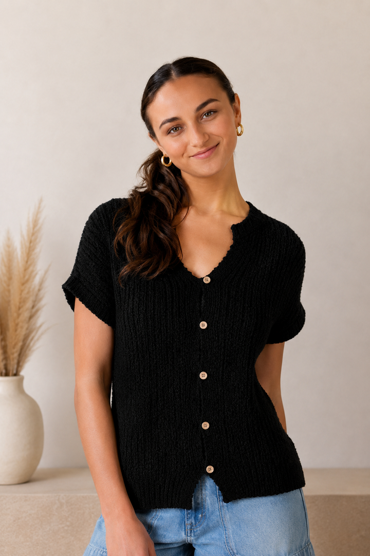 Black Button Knit Top