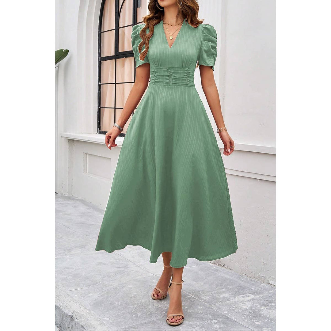 V Neck Solid Puff Sleeves Fit Full Dress