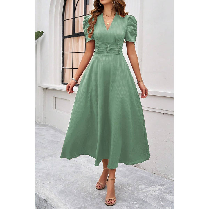 V Neck Solid Puff Sleeves Fit Full Dress