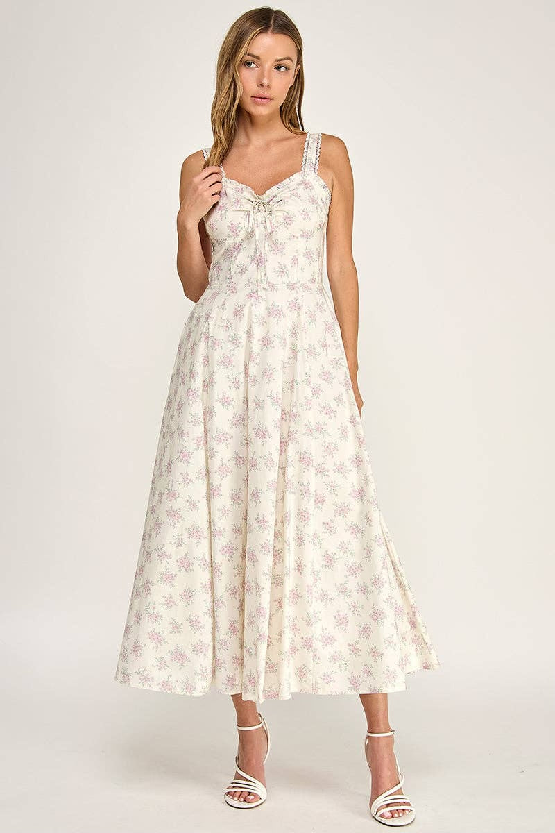 Cream and pink floral corset midi dress with lace straps and pockets