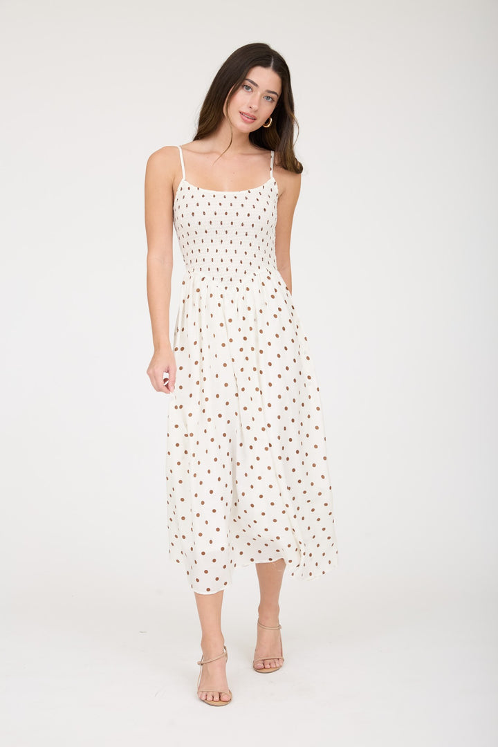 Ivory and brown polka dot smocked midi dress with adjustable spaghetti straps