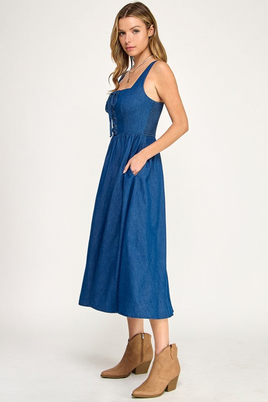 Denim Lace-Up Midi Dress