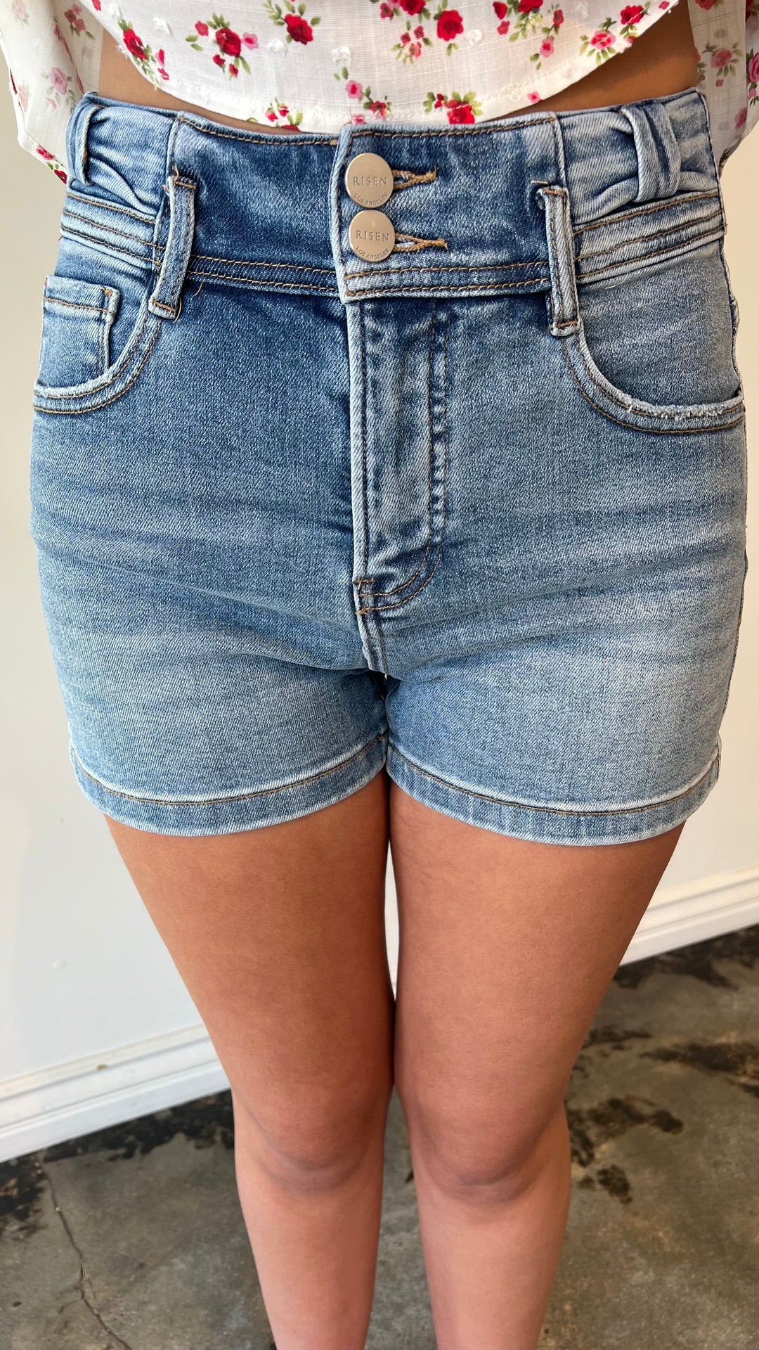 Denim bow detail shorts