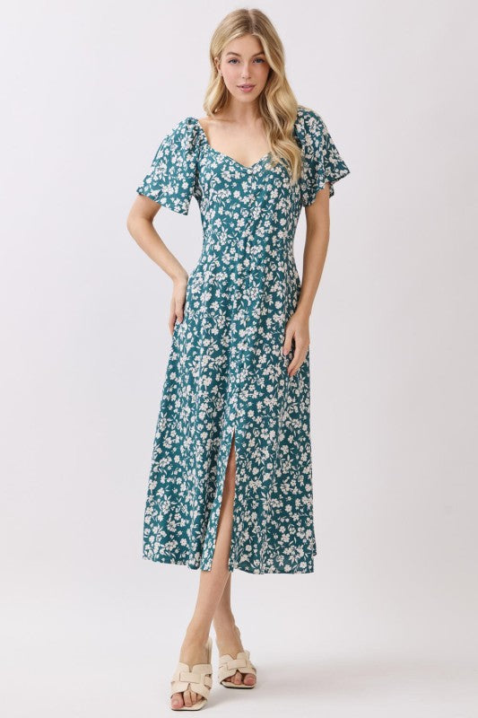 Front Image:
Teal floral sweetheart midi dress with flutter sleeves