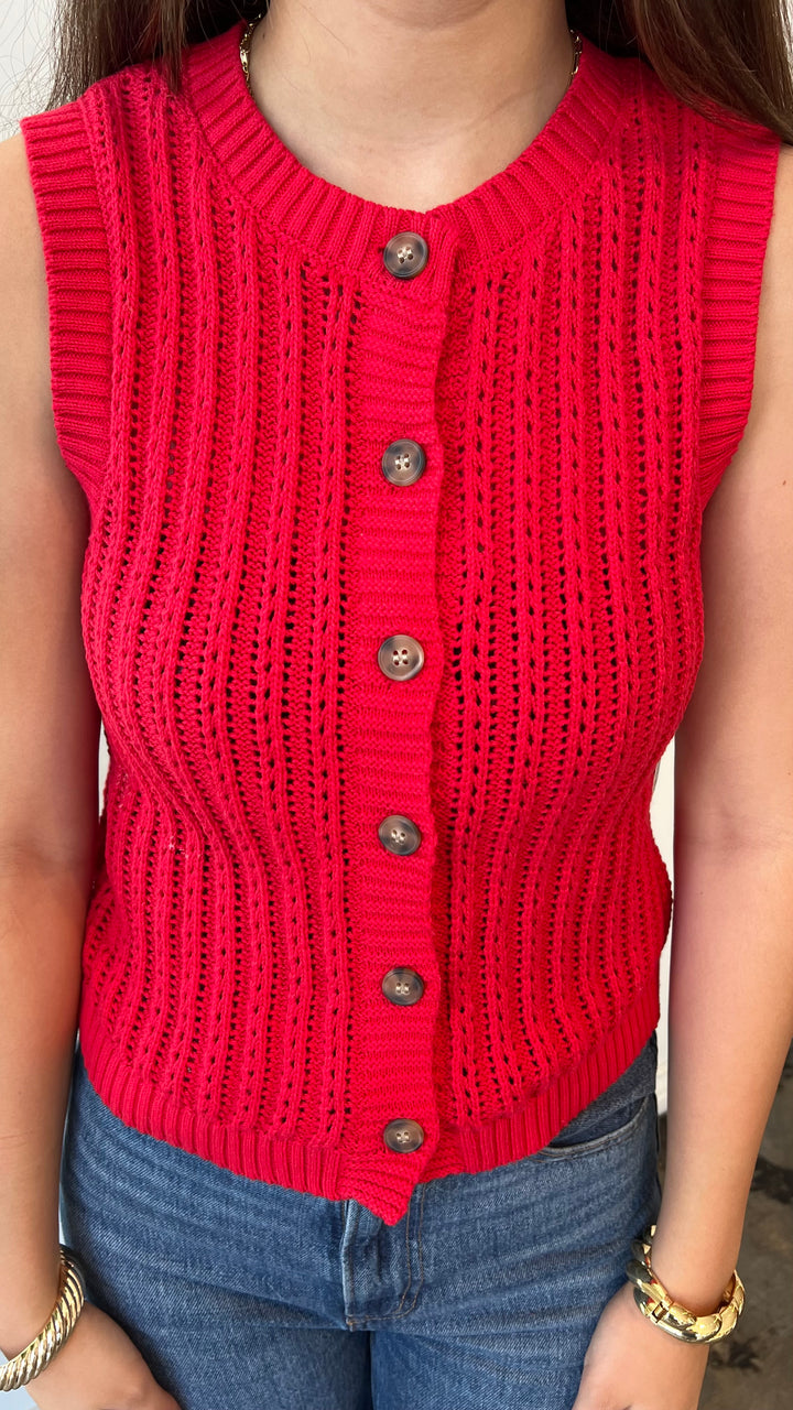 Close-up of red pointelle knit tank top with buttons