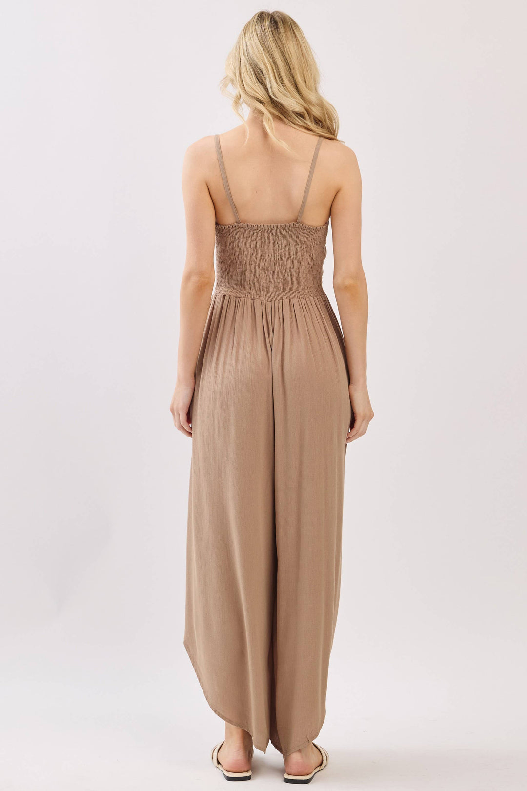 Woven Solid Front Ruched Midi Jumpsuit - VNJU60322