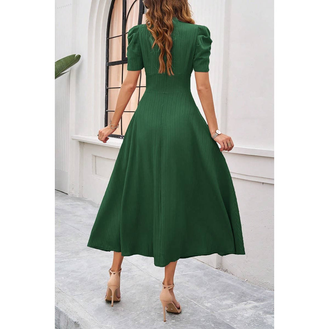 V Neck Solid Puff Sleeves Fit Full Dress