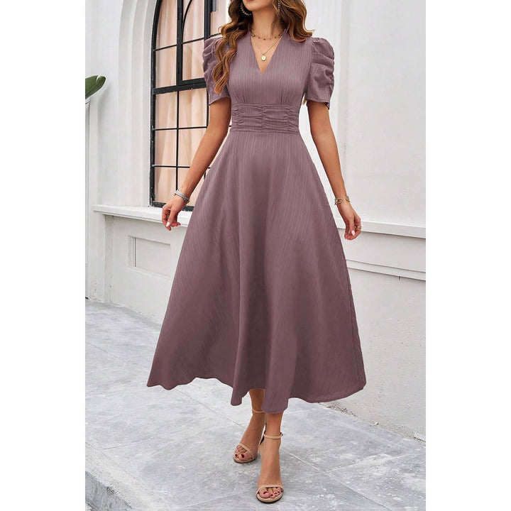 V Neck Solid Puff Sleeves Fit Full Dress