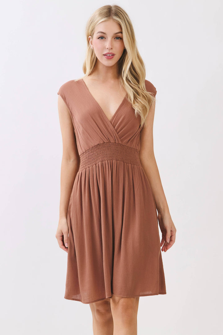 SURPLICE SMOCKED WAIST MINI DRESS - VJD400097