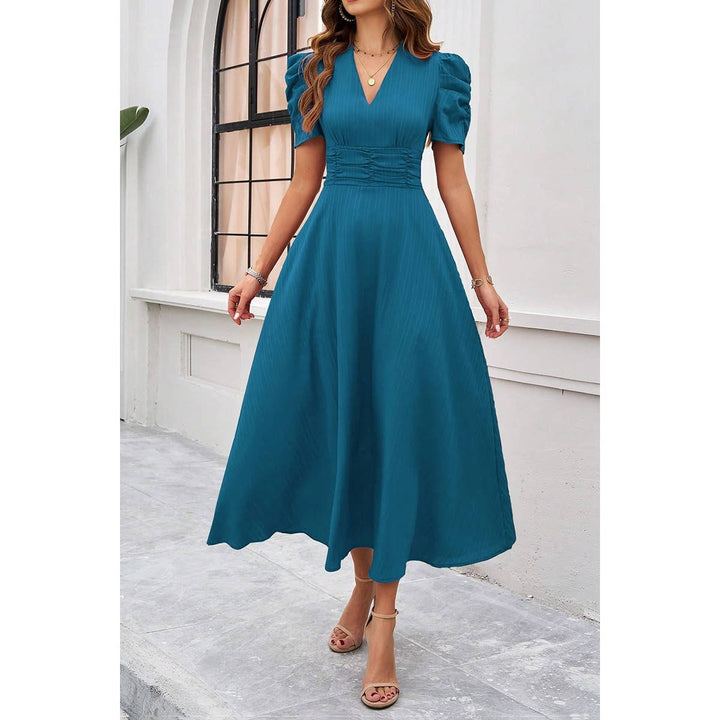 V Neck Solid Puff Sleeves Fit Full Dress