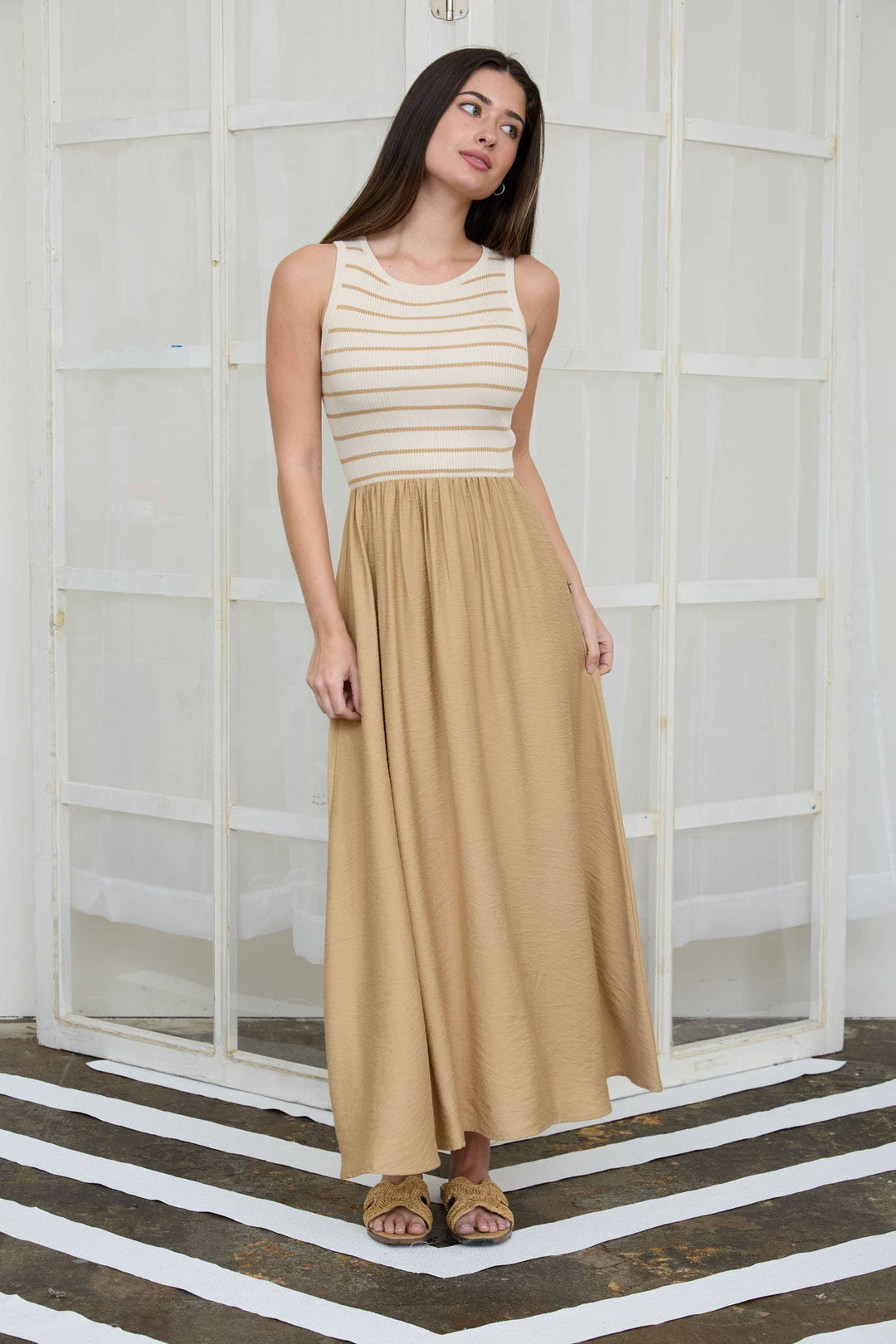 STRIPE TANK SLEEVELESS MIXED MEDIA MIDI DRESS