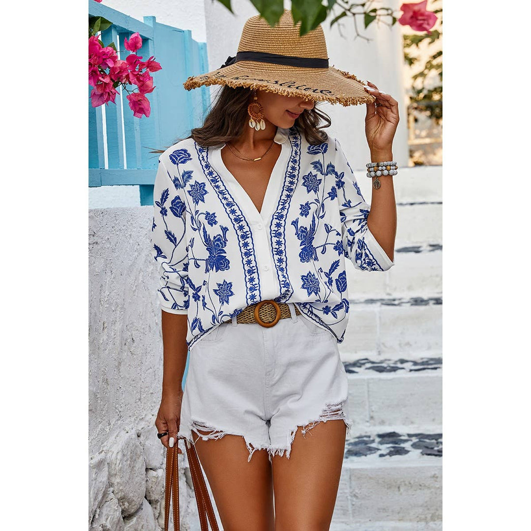 Floral Print Deep V Loose Fit Long Sleeves Blouse