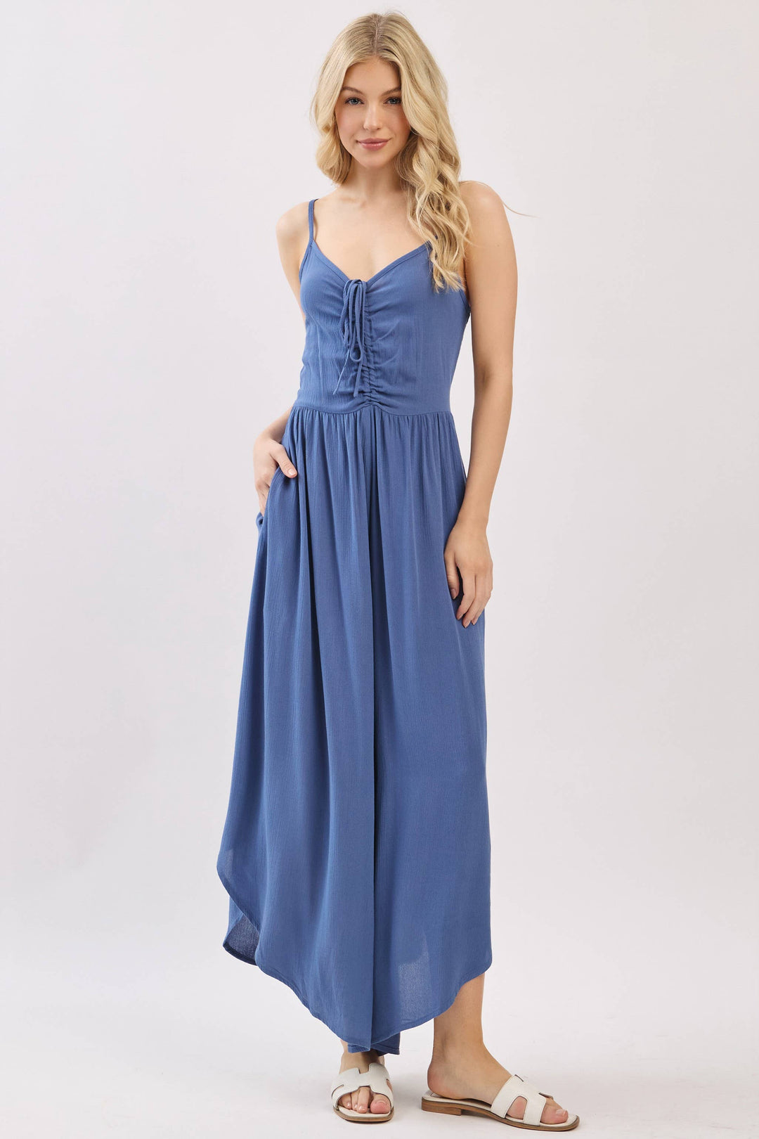 Woven Solid Front Ruched Midi Jumpsuit - VNJU60322