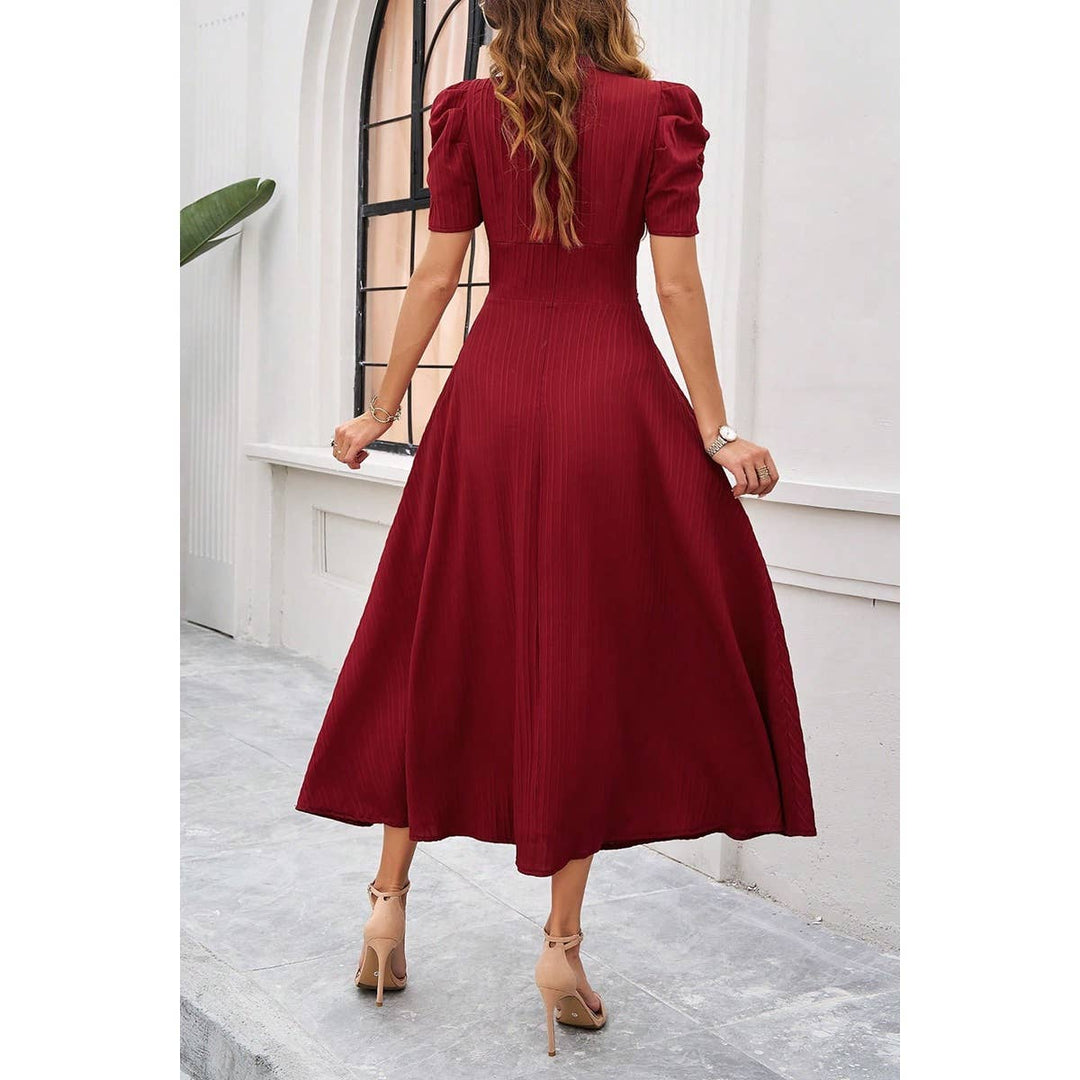 V Neck Solid Puff Sleeves Fit Full Dress