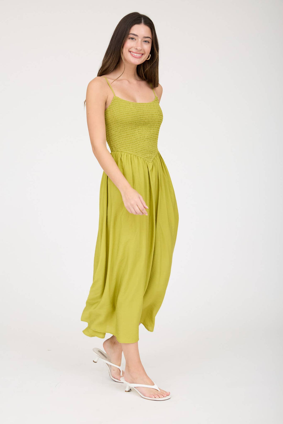 SMOCKED BASQUE WAIST SPAGHETTI STRAP MIDI DRESS
