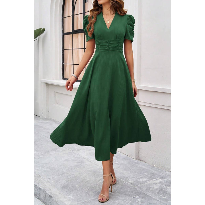 V Neck Solid Puff Sleeves Fit Full Dress