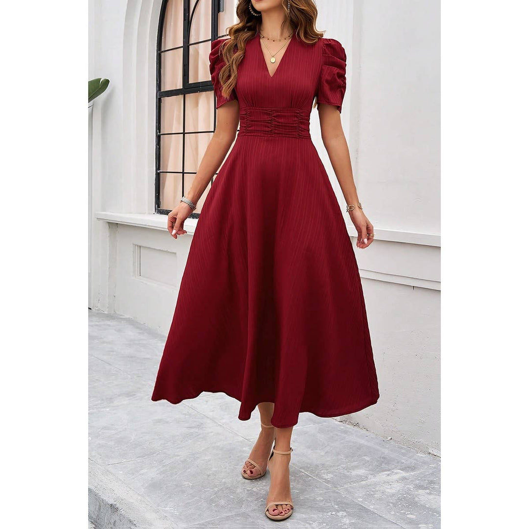 V Neck Solid Puff Sleeves Fit Full Dress
