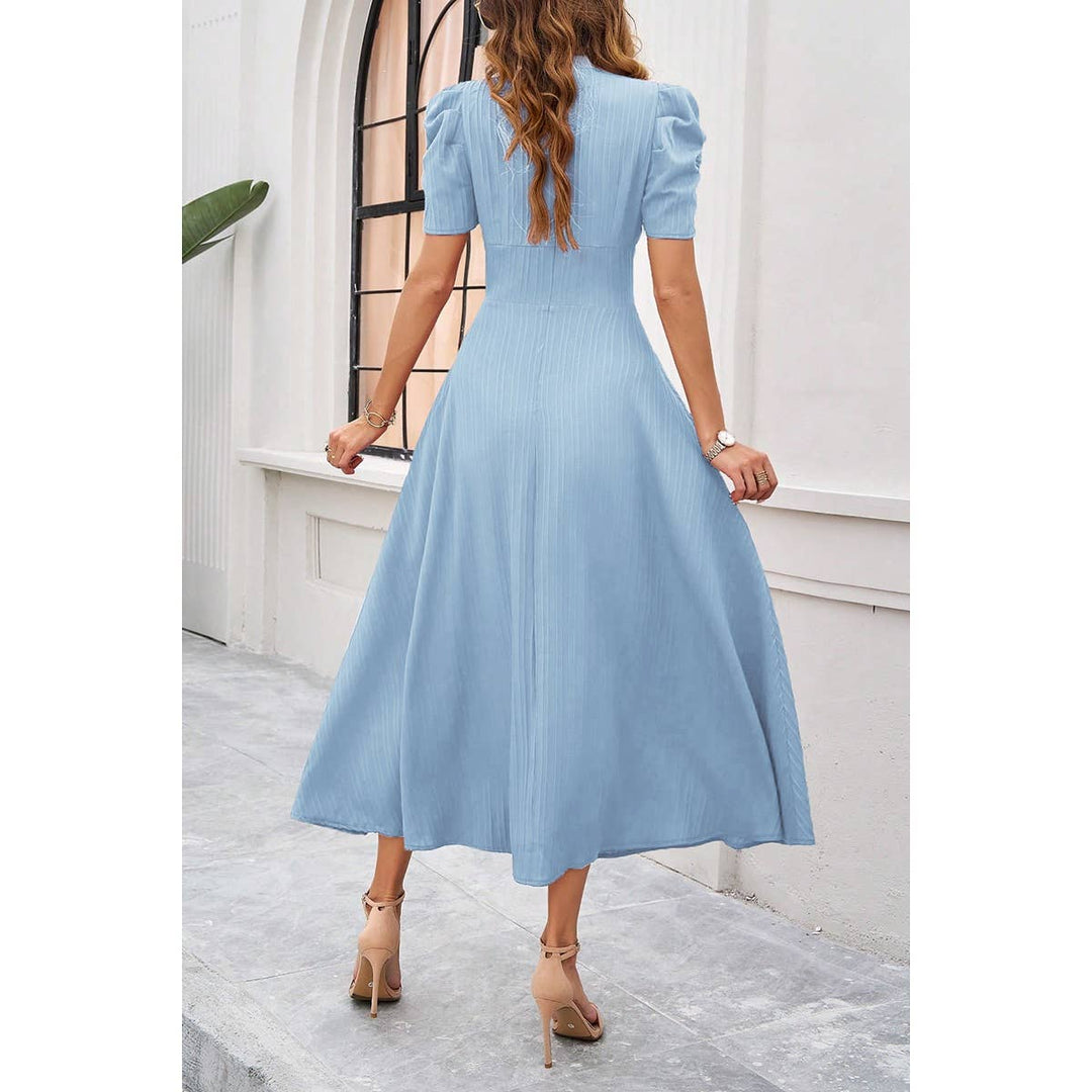V Neck Solid Puff Sleeves Fit Full Dress