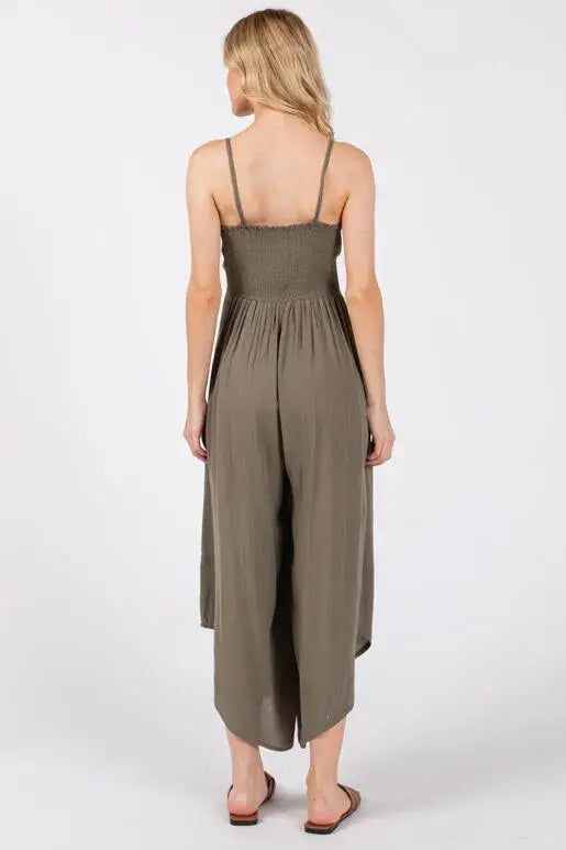 Woven Solid Front Ruched Midi Jumpsuit - VNJU60322