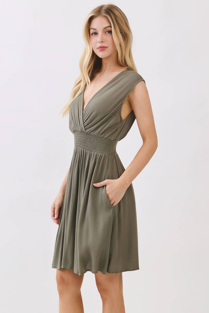SURPLICE SMOCKED WAIST MINI DRESS - VJD400097