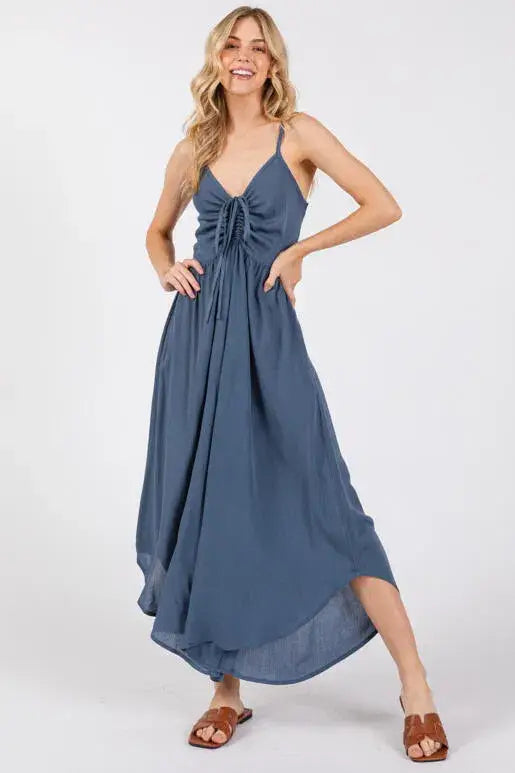 Woven Solid Front Ruched Midi Jumpsuit - VNJU60322