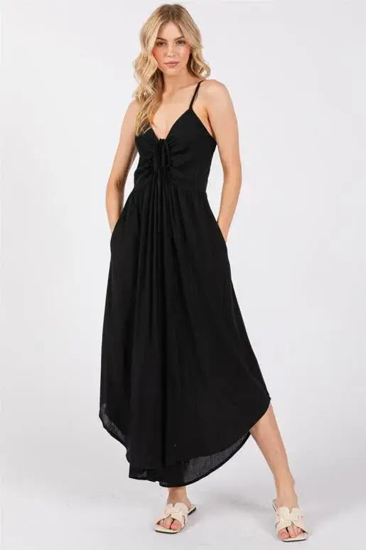 Woven Solid Front Ruched Midi Jumpsuit - VNJU60322