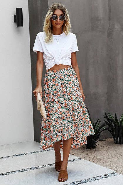Floral Ruffle Swing Midi Skirt