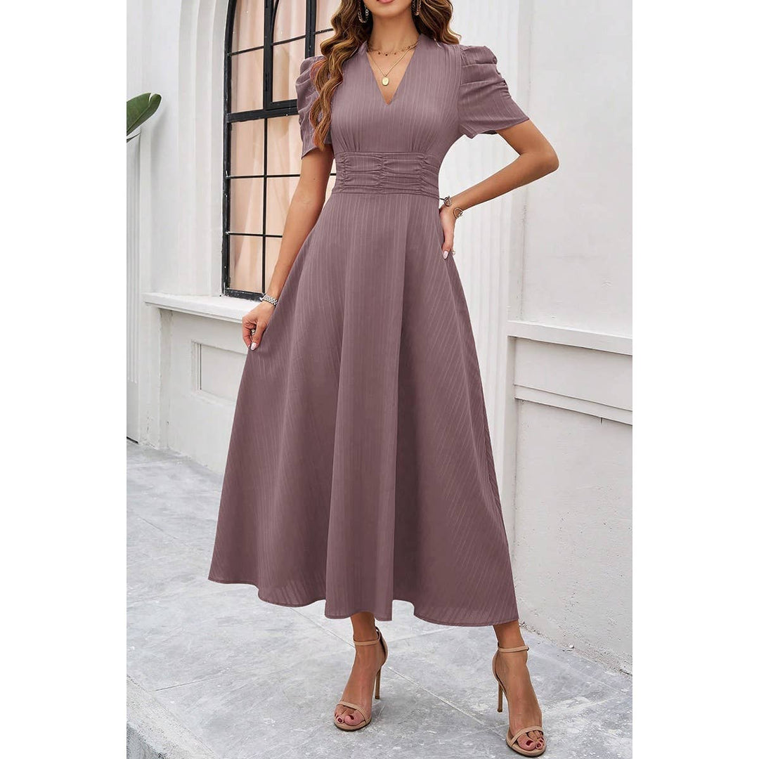V Neck Solid Puff Sleeves Fit Full Dress