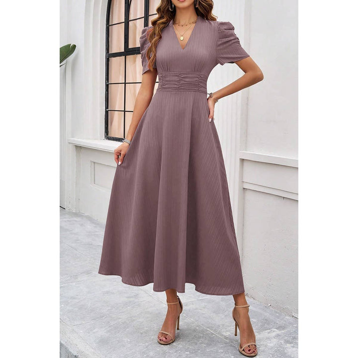 V Neck Solid Puff Sleeves Fit Full Dress