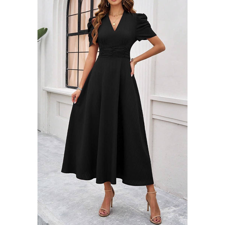 V Neck Solid Puff Sleeves Fit Full Dress