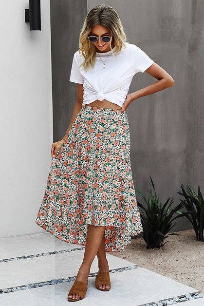 Floral Ruffle Swing Midi Skirt
