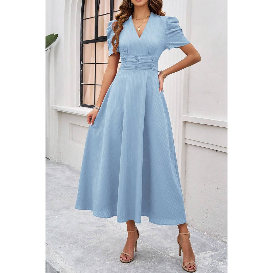 V Neck Solid Puff Sleeves Fit Full Dress