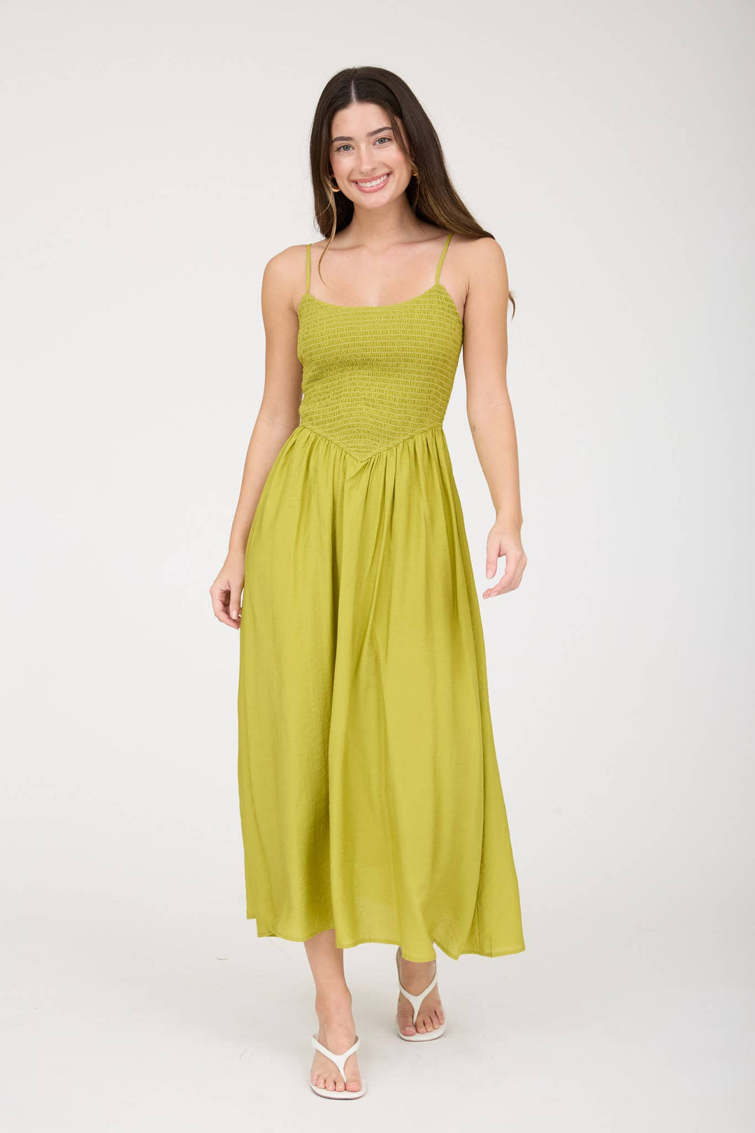 SMOCKED BASQUE WAIST SPAGHETTI STRAP MIDI DRESS