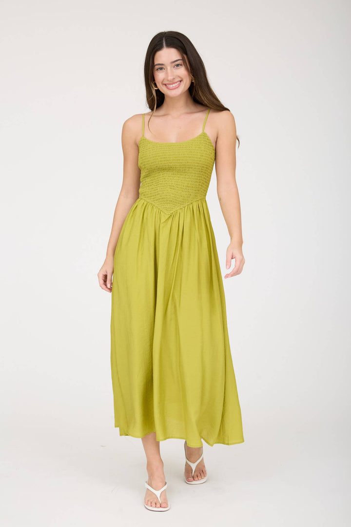 SMOCKED BASQUE WAIST SPAGHETTI STRAP MIDI DRESS